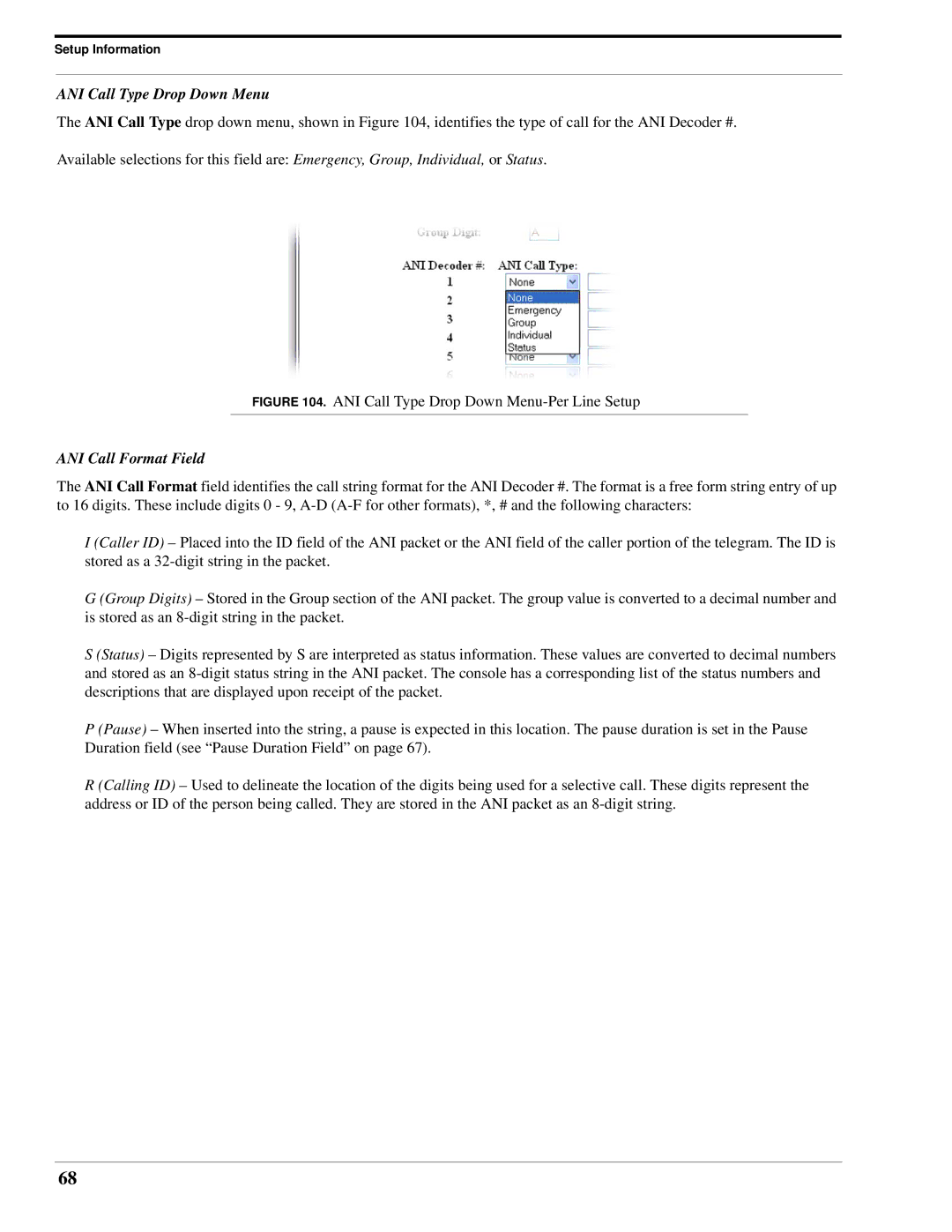 Telex IP-223 technical manual ANI Call Type Drop Down Menu, ANI Call Format Field 