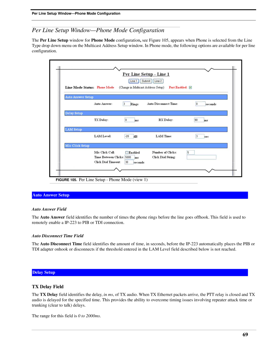 Telex IP-223 technical manual Per Line Setup Window-Phone Mode Configuration, Auto Answer Field, Auto Disconnect Time Field 