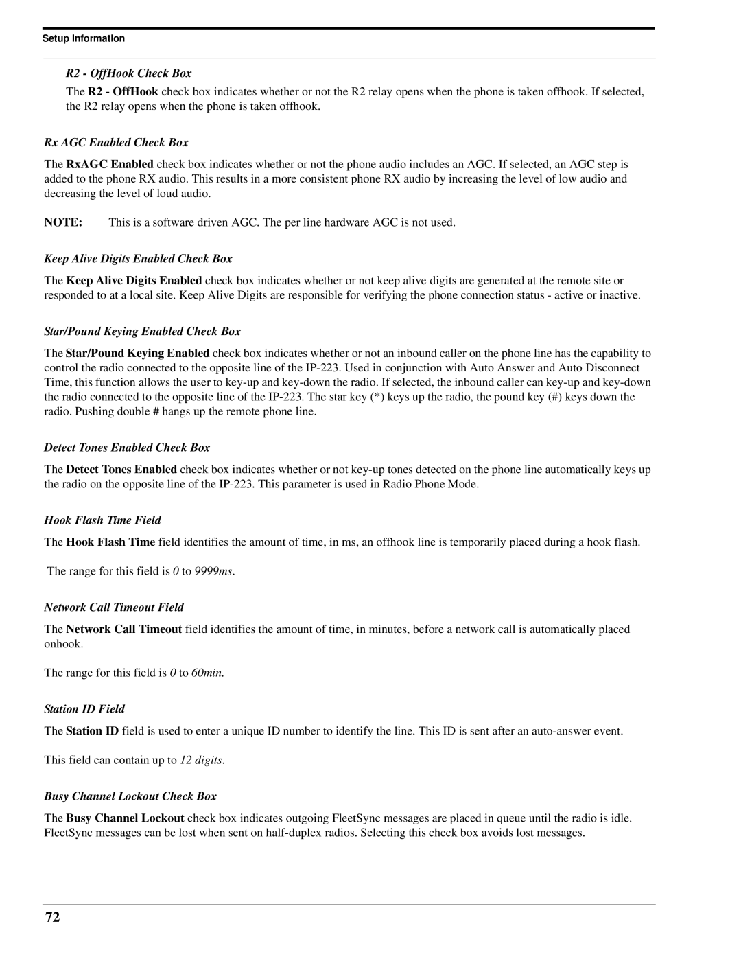 Telex IP-223 R2 OffHook Check Box, Rx AGC Enabled Check Box, Keep Alive Digits Enabled Check Box, Hook Flash Time Field 