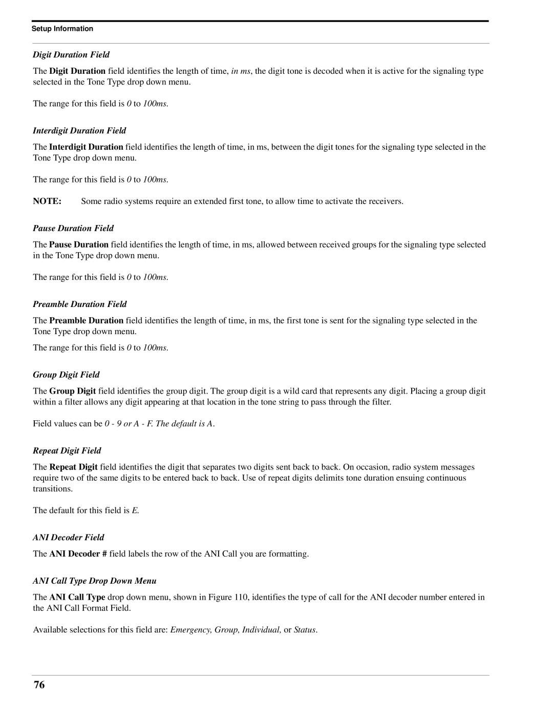 Telex IP-223 technical manual Digit Duration Field, ANI Decoder Field 