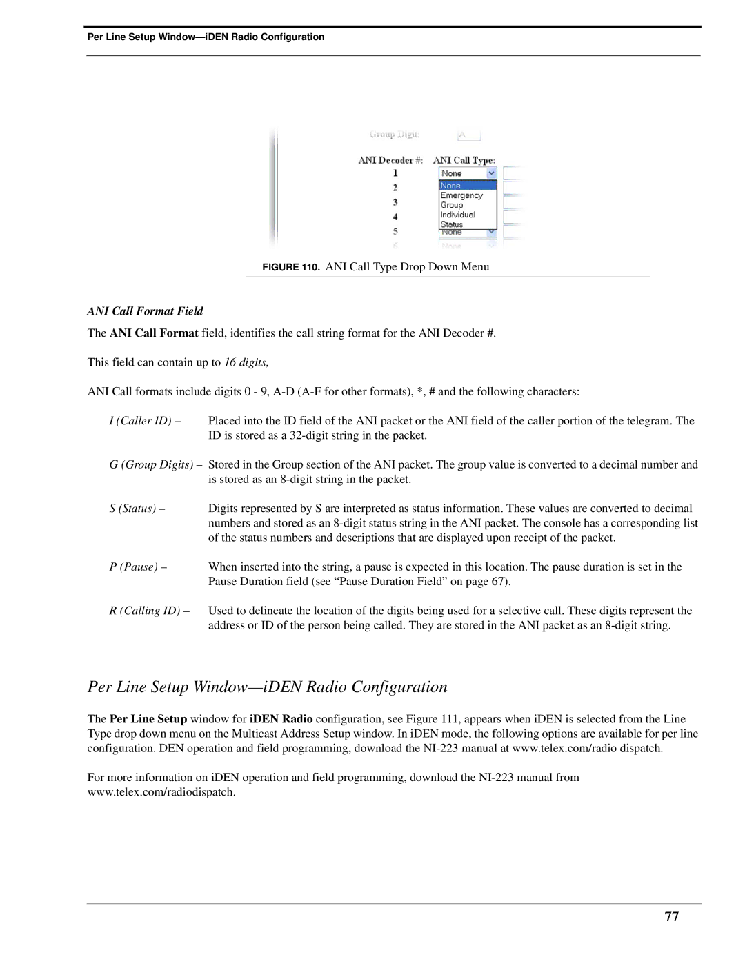 Telex IP-223 technical manual Per Line Setup Window-iDEN Radio Configuration, ANI Call Type Drop Down Menu 