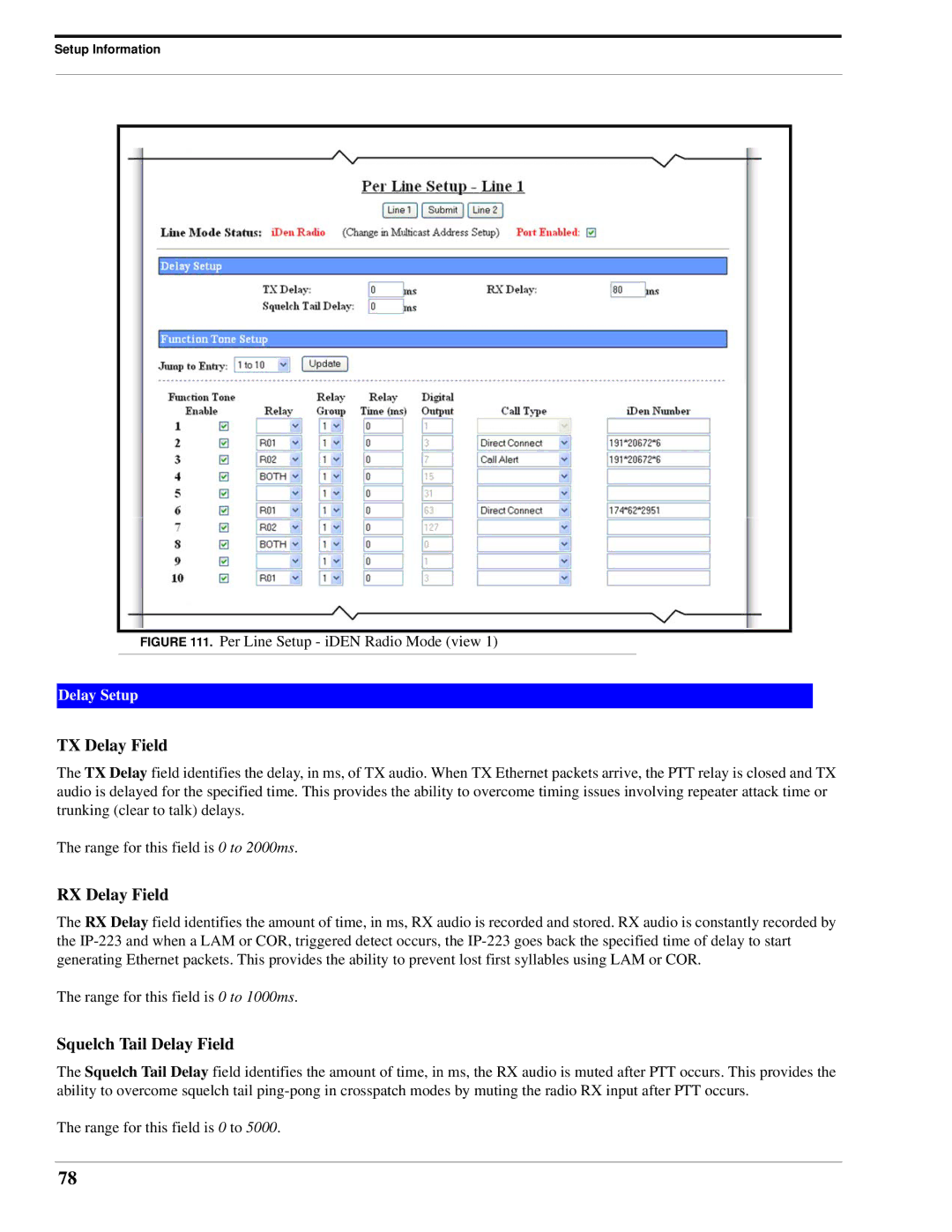 Telex IP-223 technical manual Per Line Setup iDEN Radio Mode view 