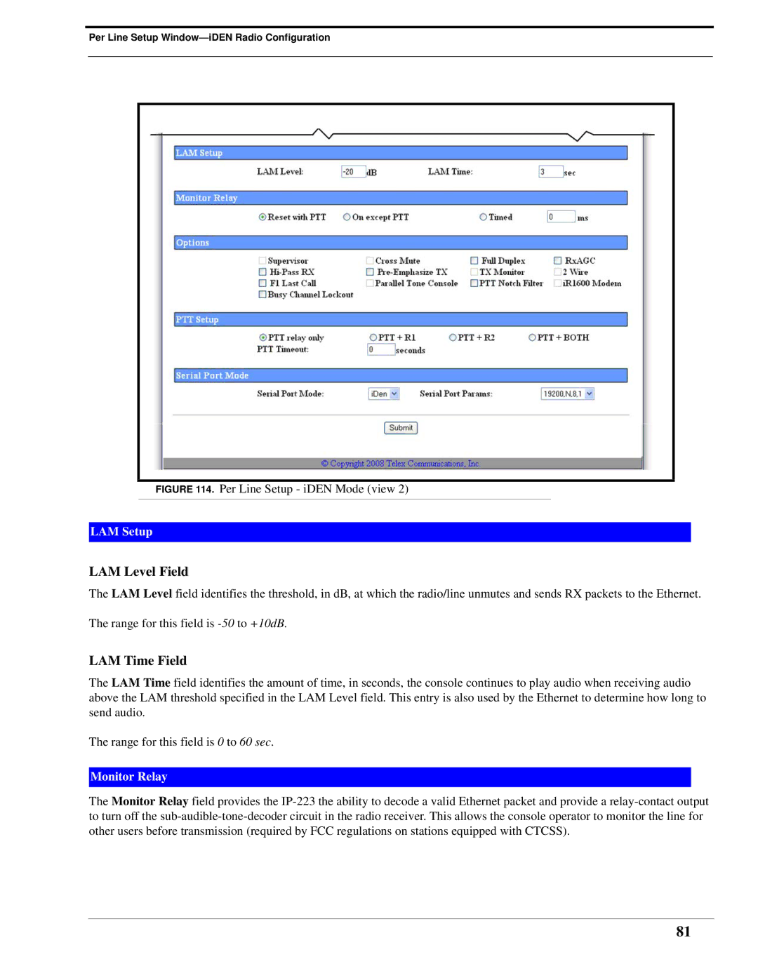 Telex IP-223 technical manual Per Line Setup iDEN Mode view 