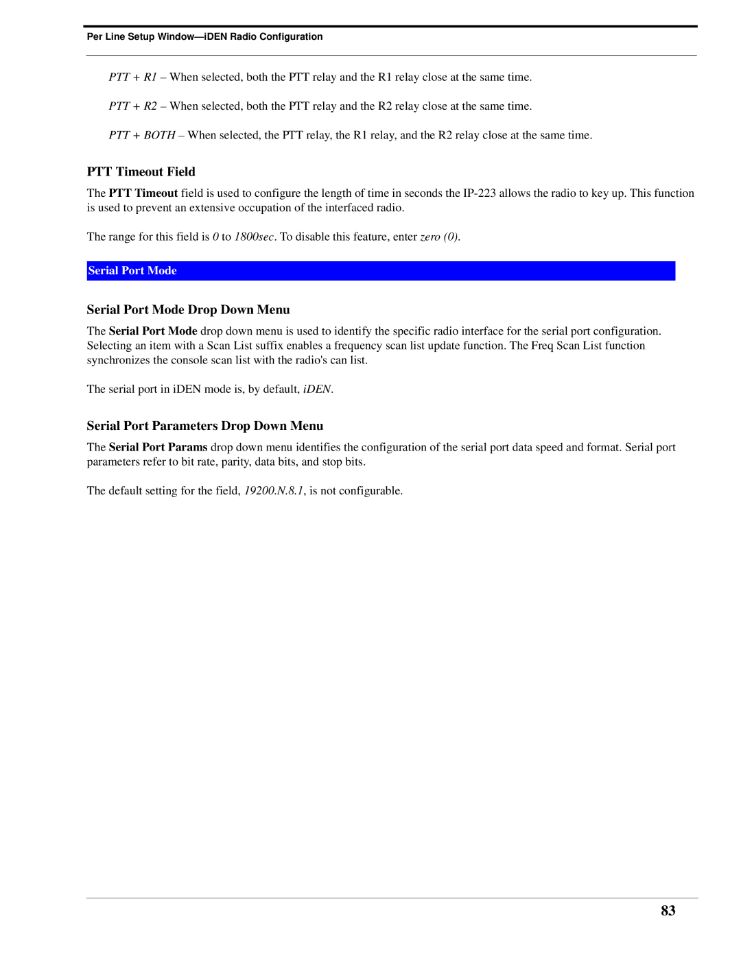 Telex IP-223 technical manual PTT Timeout Field 