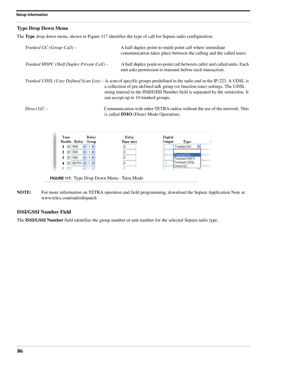 Telex IP-223 technical manual Type Drop Down Menu, ISSI/GSSI Number Field 