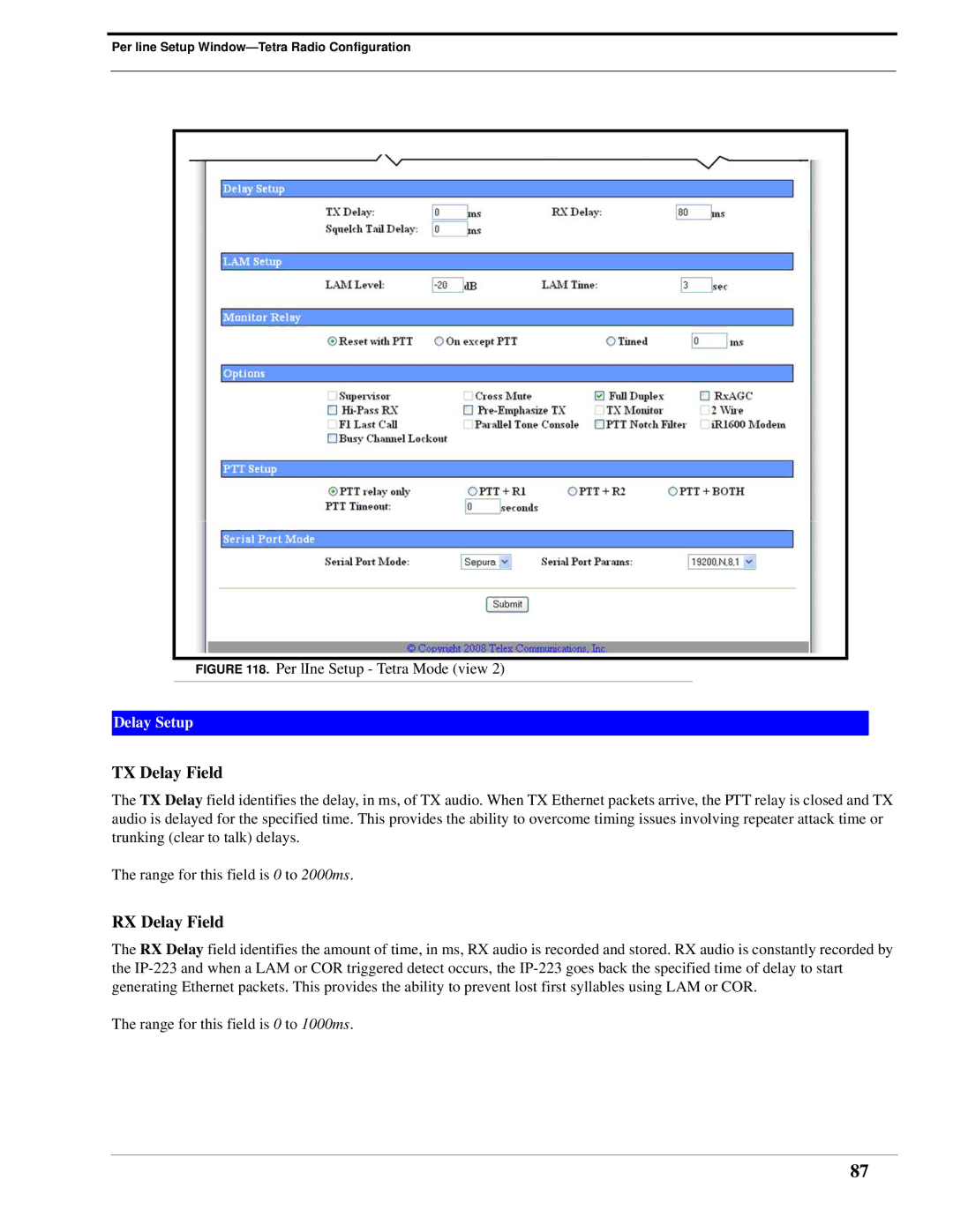 Telex IP-223 technical manual TX Delay Field 