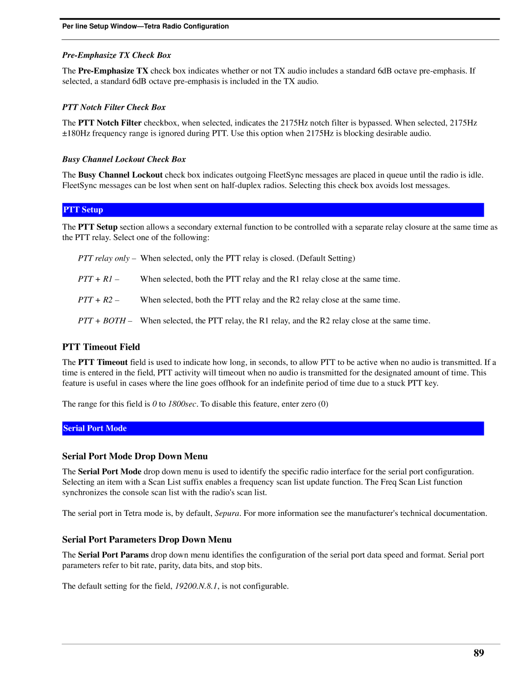 Telex IP-223 technical manual PTT Timeout Field 