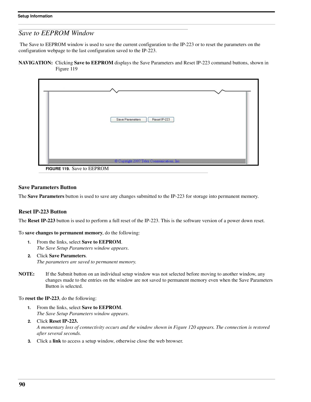 Telex technical manual Save to Eeprom Window, Save Parameters Button, Reset IP-223 Button, Click Reset IP-223 