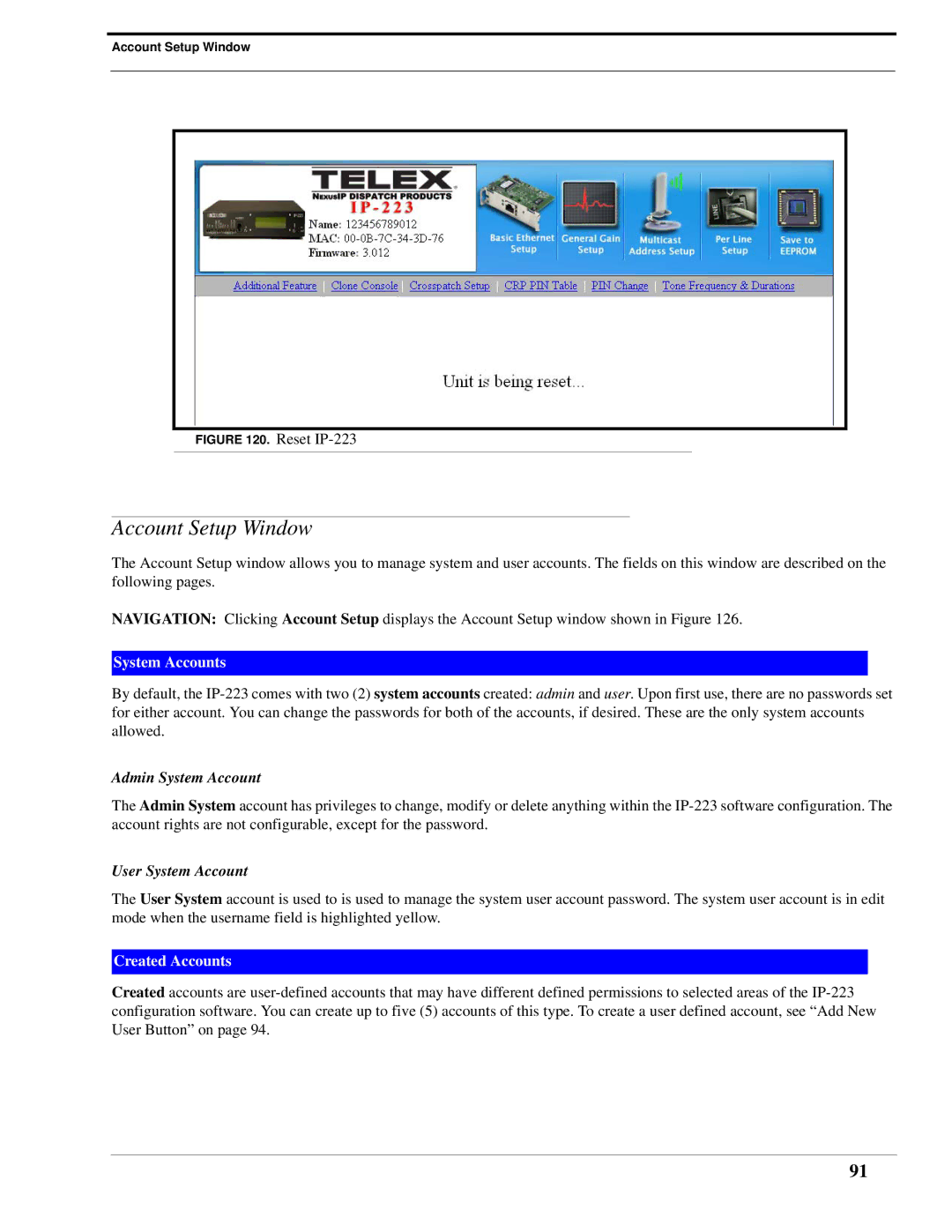 Telex IP-223 technical manual Account Setup Window, Admin System Account, User System Account 