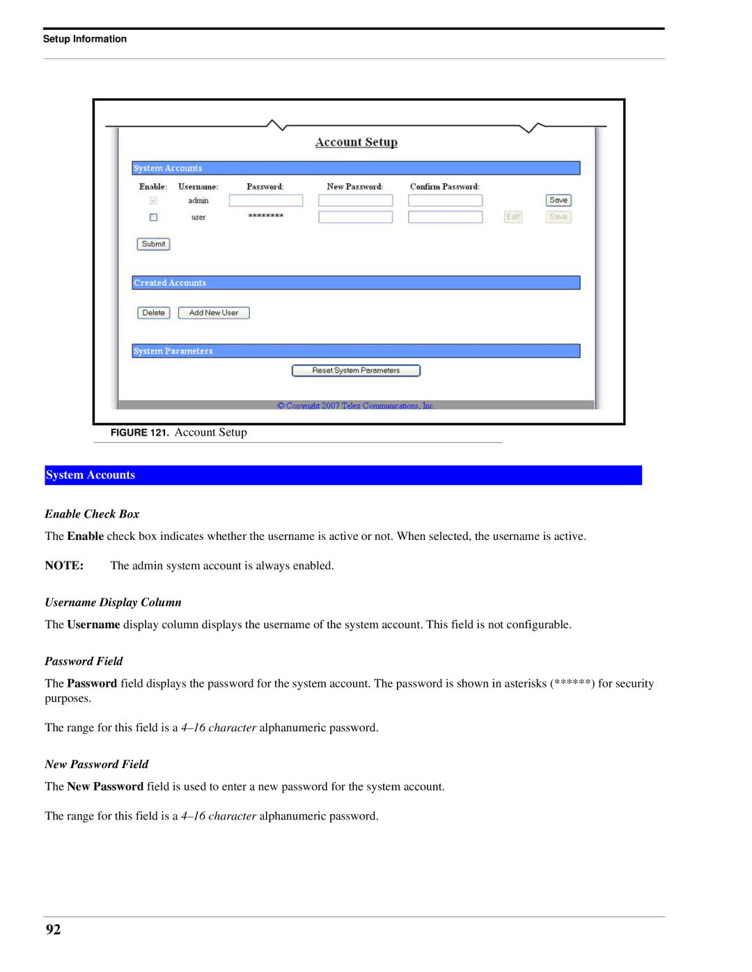 Telex IP-223 technical manual Enable Check Box, Username Display Column, New Password Field 