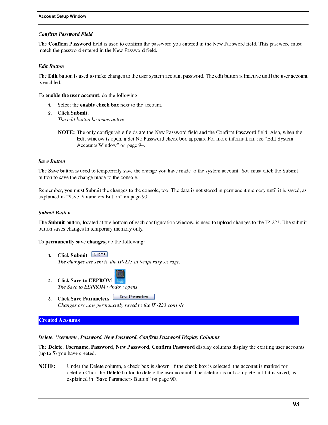 Telex IP-223 Confirm Password Field, Edit Button, To enable the user account, do the following, Save Button, Submit Button 