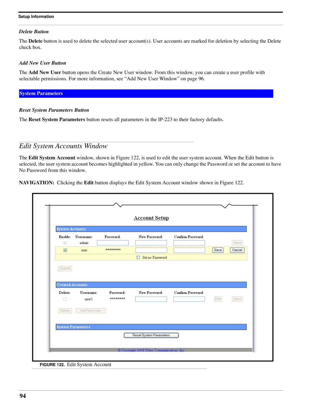 Telex IP-223 Edit System Accounts Window, Delete Button, Add New User Button, Reset System Parameters Button 