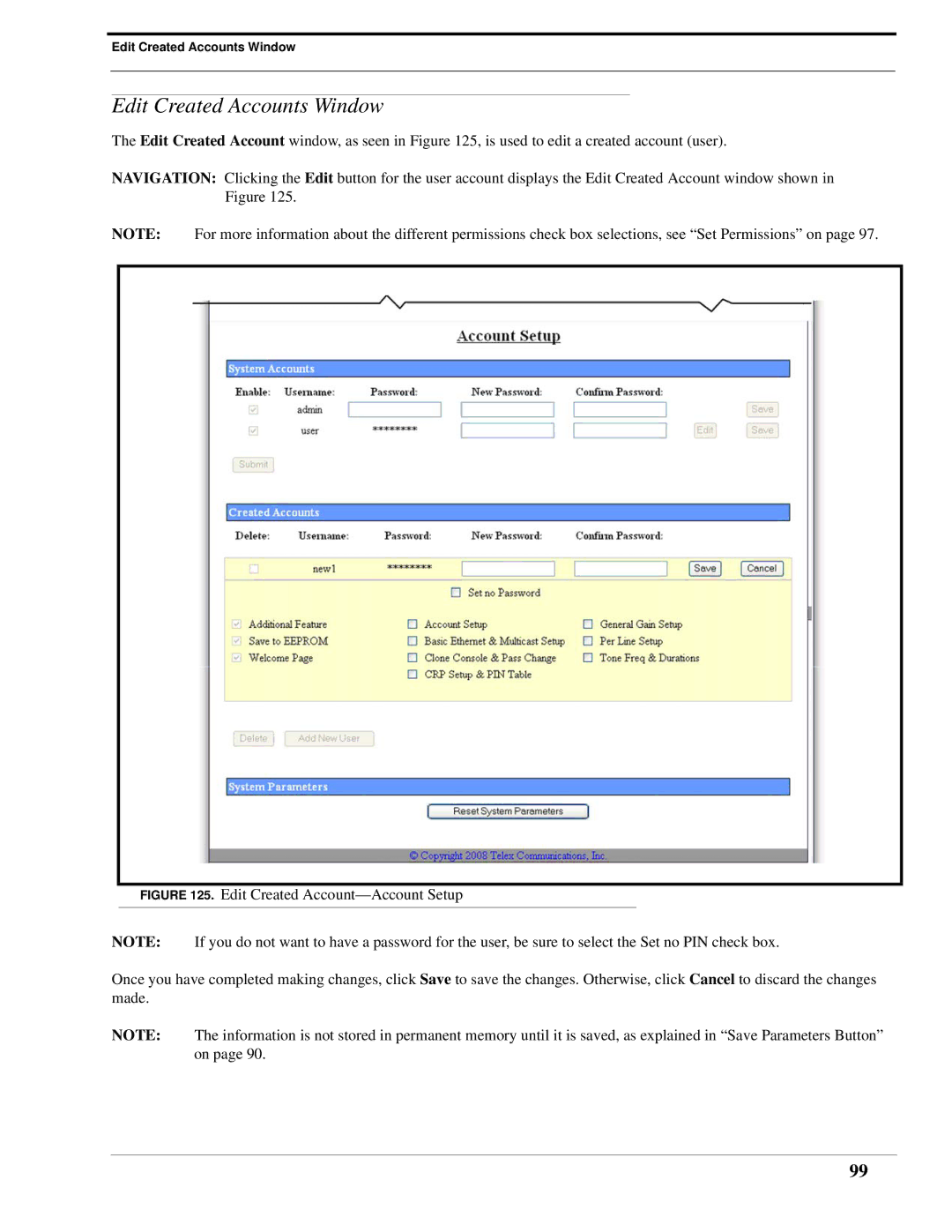 Telex IP-223 technical manual Edit Created Accounts Window, Edit Created Account-Account Setup 