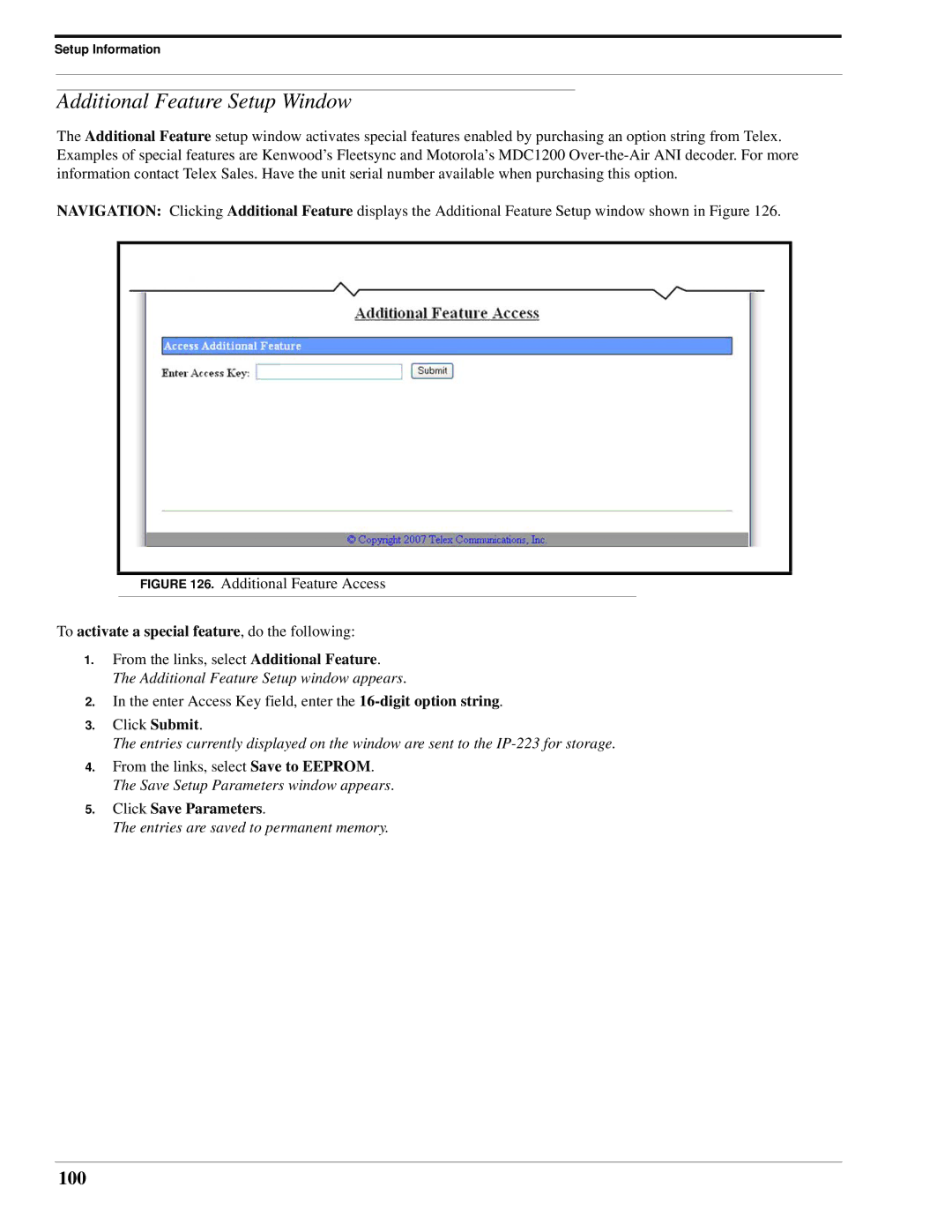 Telex IP-223 technical manual Additional Feature Setup Window, 100, To activate a special feature, do the following 