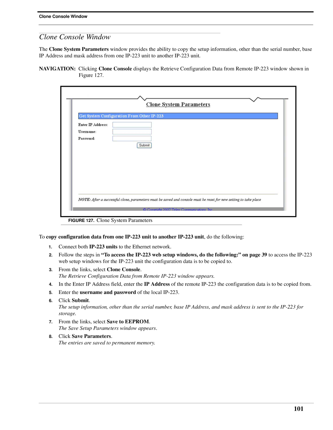 Telex IP-223 technical manual Clone Console Window, 101 