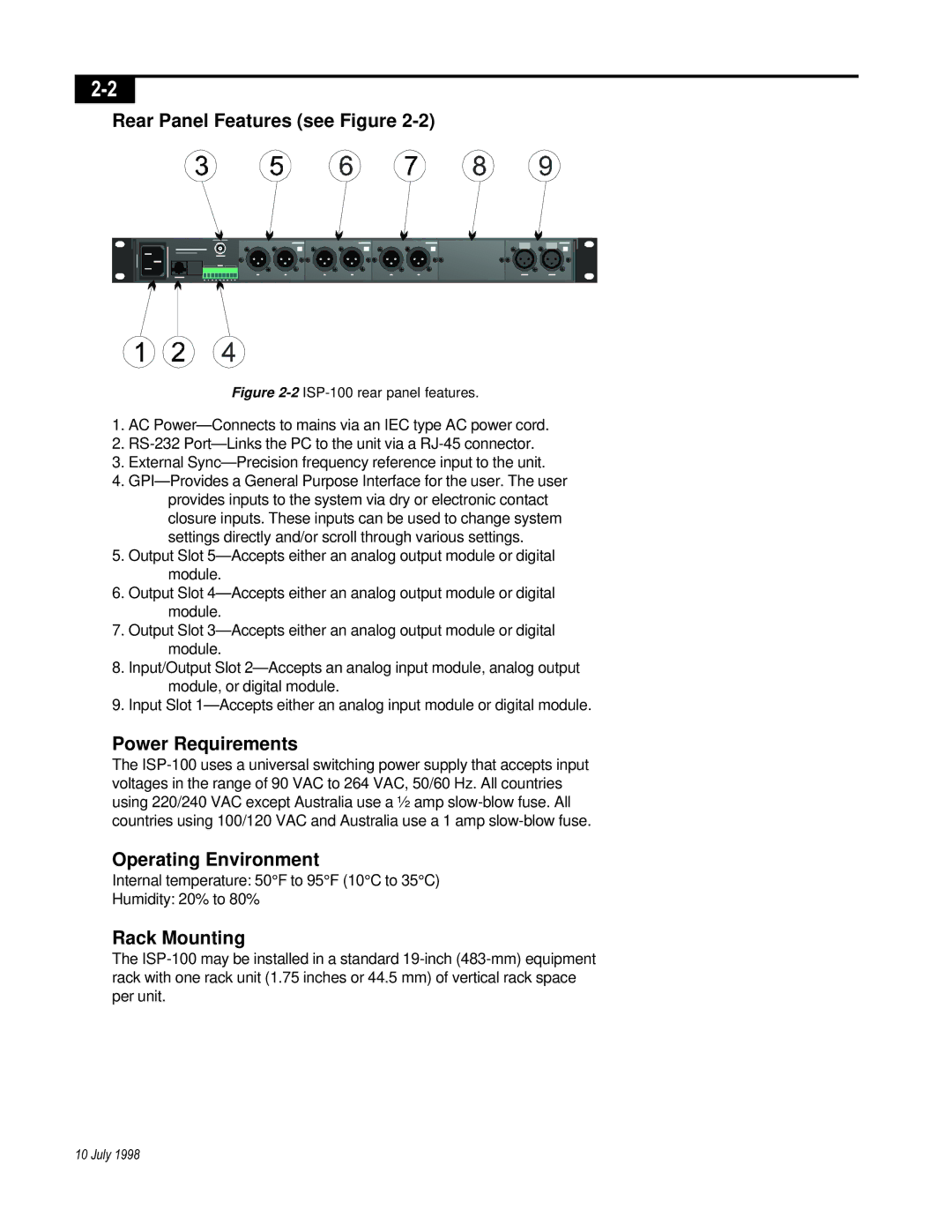 Telex ISP-100 manual Rear Panel Features see Figure, Power Requirements, Operating Environment, Rack Mounting 