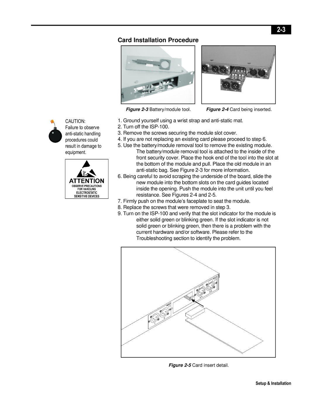 Telex ISP-100 manual Card Installation Procedure, Battery/module tool 