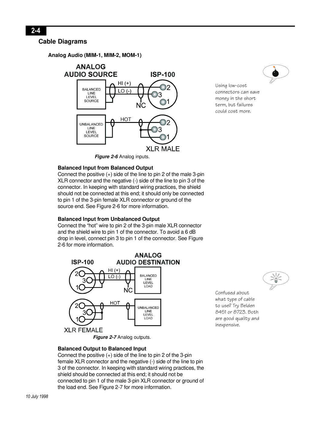 Telex ISP-100 manual Cable Diagrams, Analog Audio MIM-1, MIM-2, MOM-1, Balanced Input from Balanced Output 