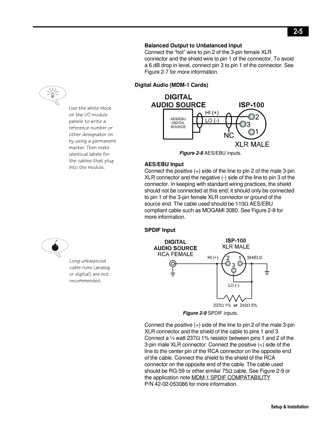 Telex ISP-100 manual Balanced Output to Unbalanced Input, Digital Audio MDM-1 Cards, AES/EBU Input, Spdif Input 