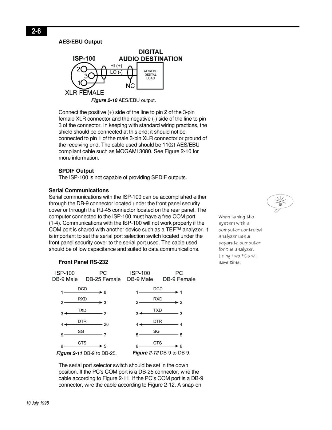 Telex ISP-100 manual AES/EBU Output, Spdif Output, Serial Communications, Front Panel RS-232 