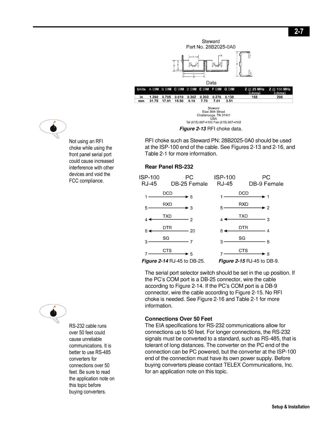 Telex ISP-100 manual Rear Panel RS-232, Connections Over 50 Feet 