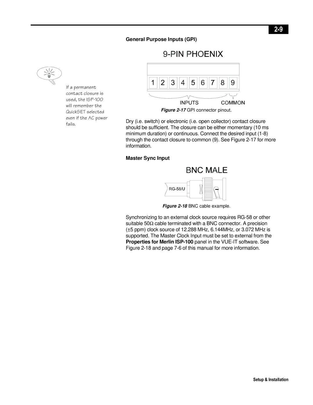 Telex ISP-100 manual General Purpose Inputs GPI, Master Sync Input 