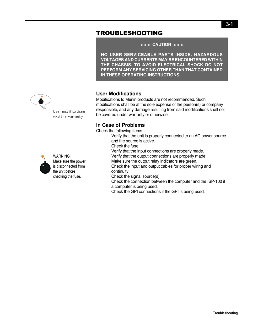 Telex ISP-100 manual User Modifications, Case of Problems 