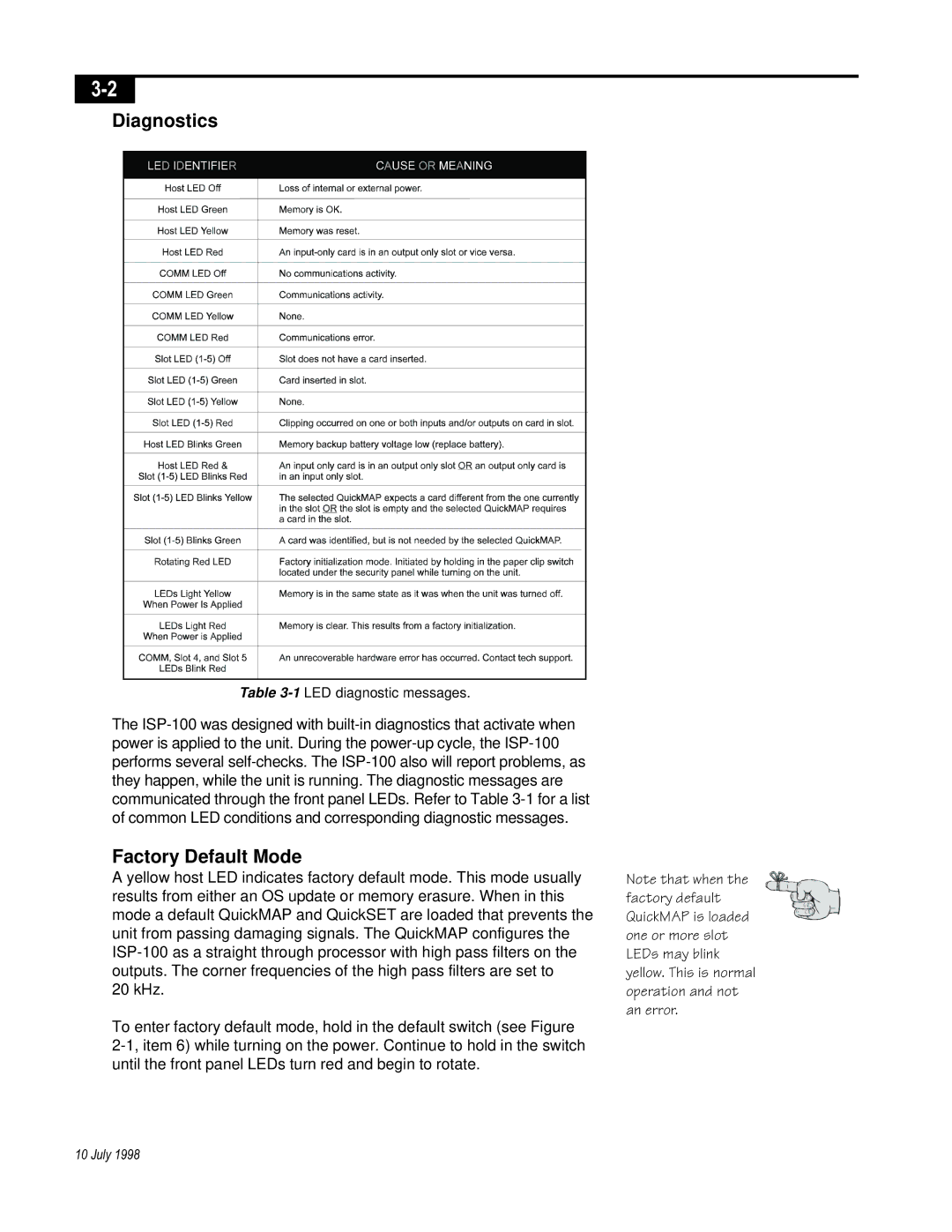 Telex ISP-100 manual Diagnostics, Factory Default Mode 