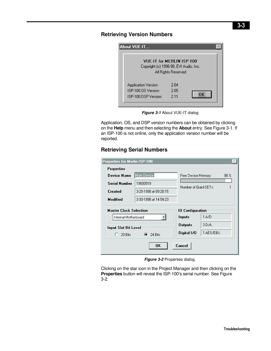 Telex ISP-100 manual Retrieving Version Numbers, Retrieving Serial Numbers 