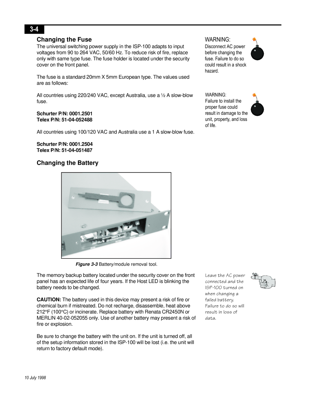 Telex ISP-100 manual Changing the Fuse, Changing the Battery, Schurter P/N Telex P/N 