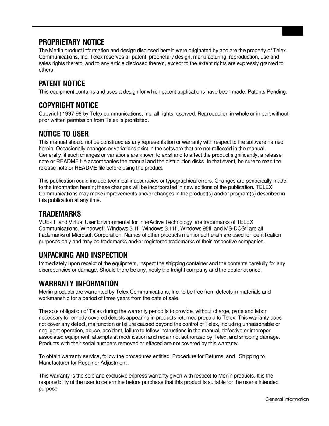 Telex ISP-100 manual Proprietary Notice 