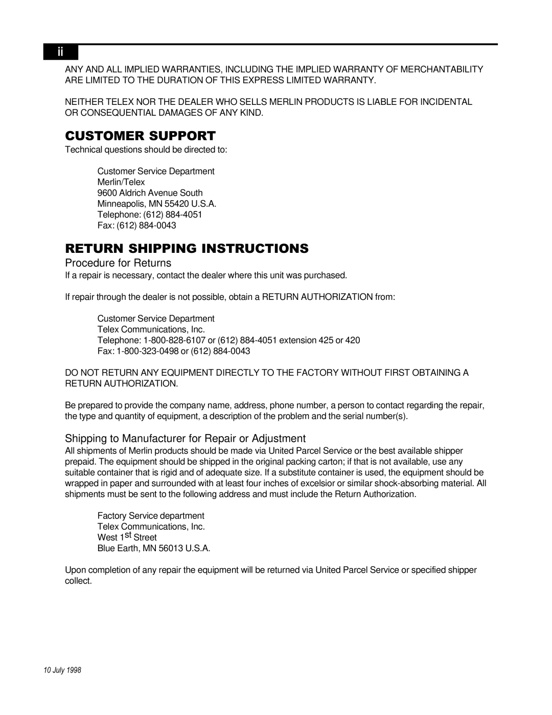 Telex ISP-100 manual Procedure for Returns, Shipping to Manufacturer for Repair or Adjustment 