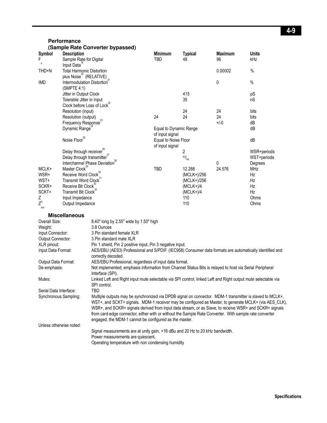 Telex ISP-100 manual Performance Sample Rate Converter bypassed, Mutes 