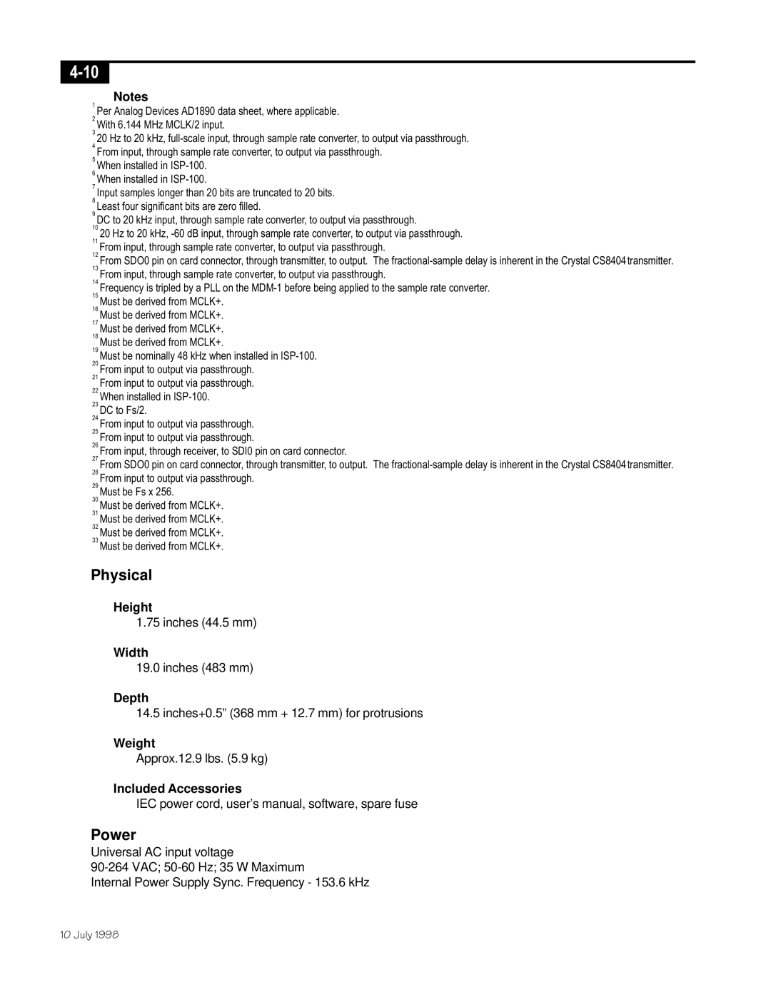 Telex ISP-100 manual Physical, Power 