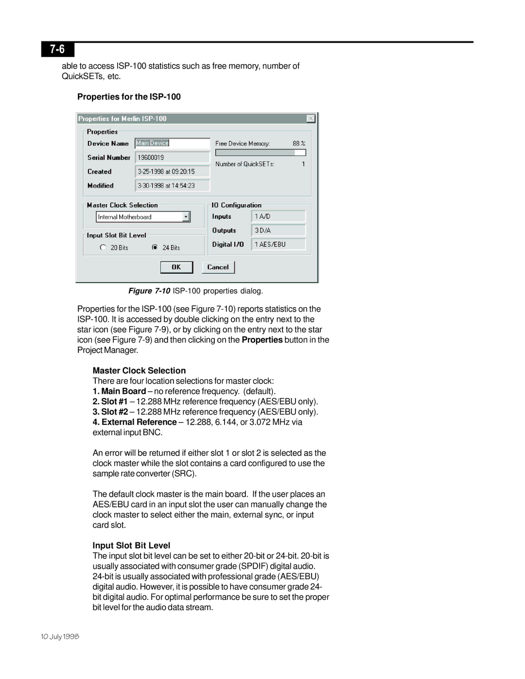 Telex manual Properties for the ISP-100, Master Clock Selection, Input Slot Bit Level 