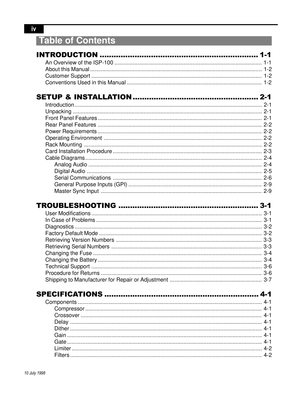 Telex ISP-100 manual Table of Contents 