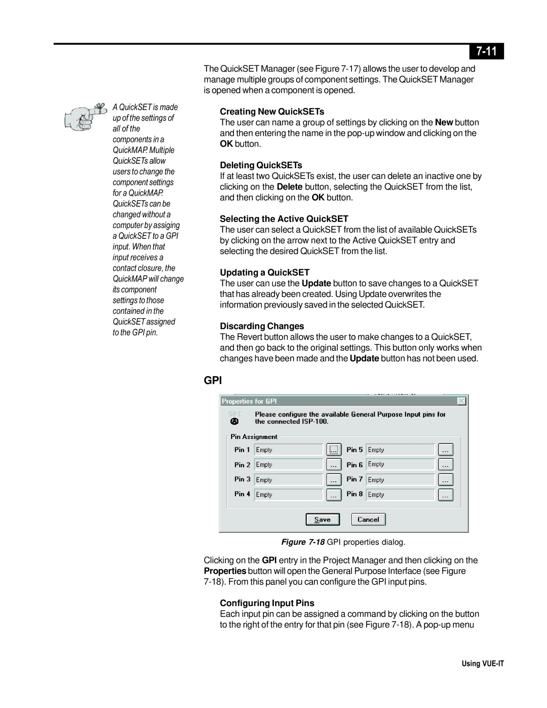 Telex ISP-100 manual Creating New QuickSETs, Deleting QuickSETs, Selecting the Active QuickSET, Updating a QuickSET 