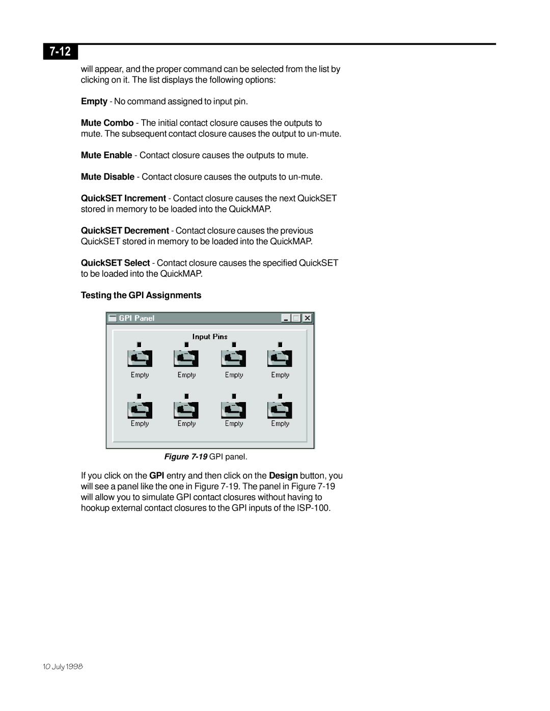 Telex ISP-100 manual Testing the GPI Assignments, GPI panel 