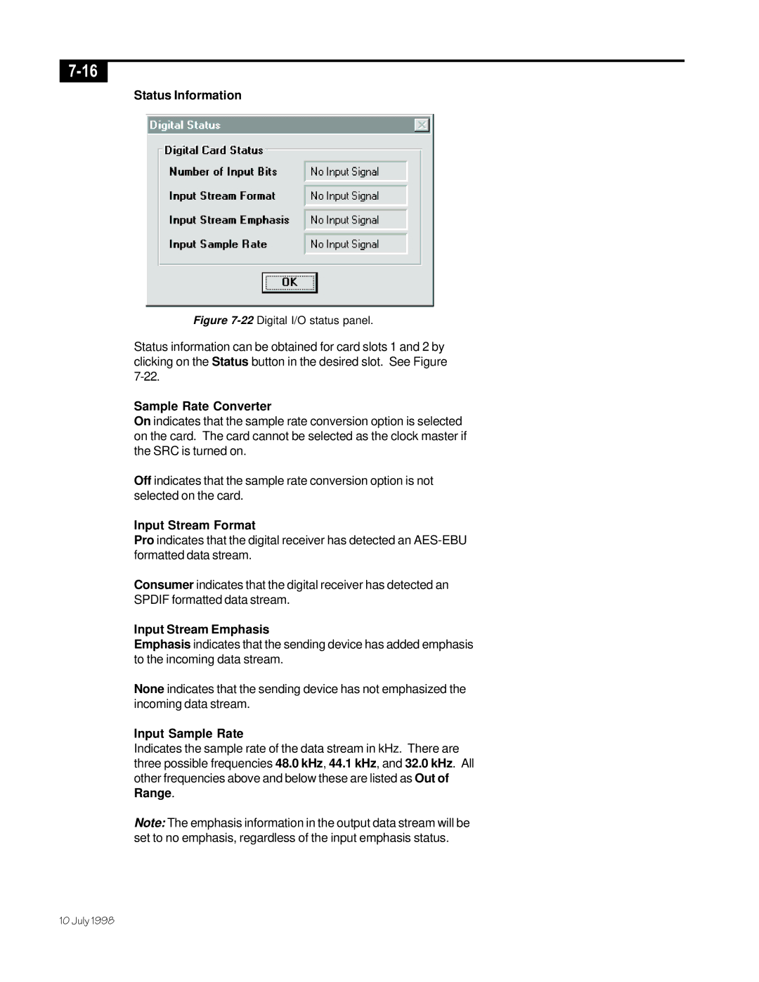 Telex ISP-100 Status Information, Sample Rate Converter, Input Stream Format, Input Stream Emphasis, Input Sample Rate 