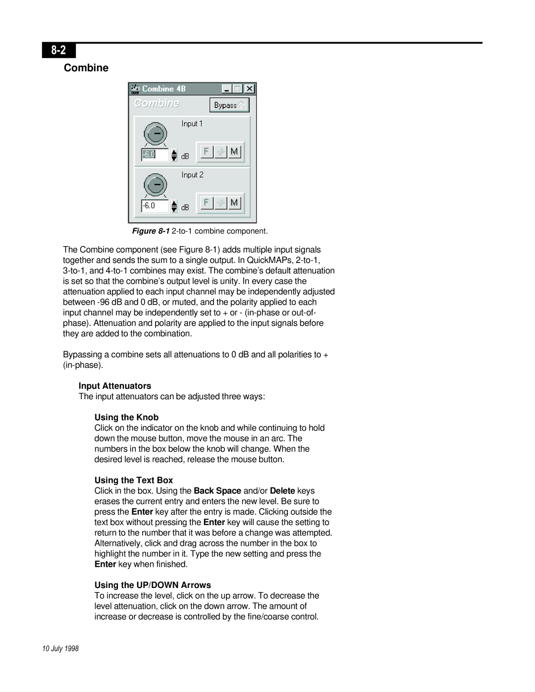 Telex ISP-100 manual Combine, Input Attenuators, Using the Knob, Using the Text Box, Using the UP/DOWN Arrows 