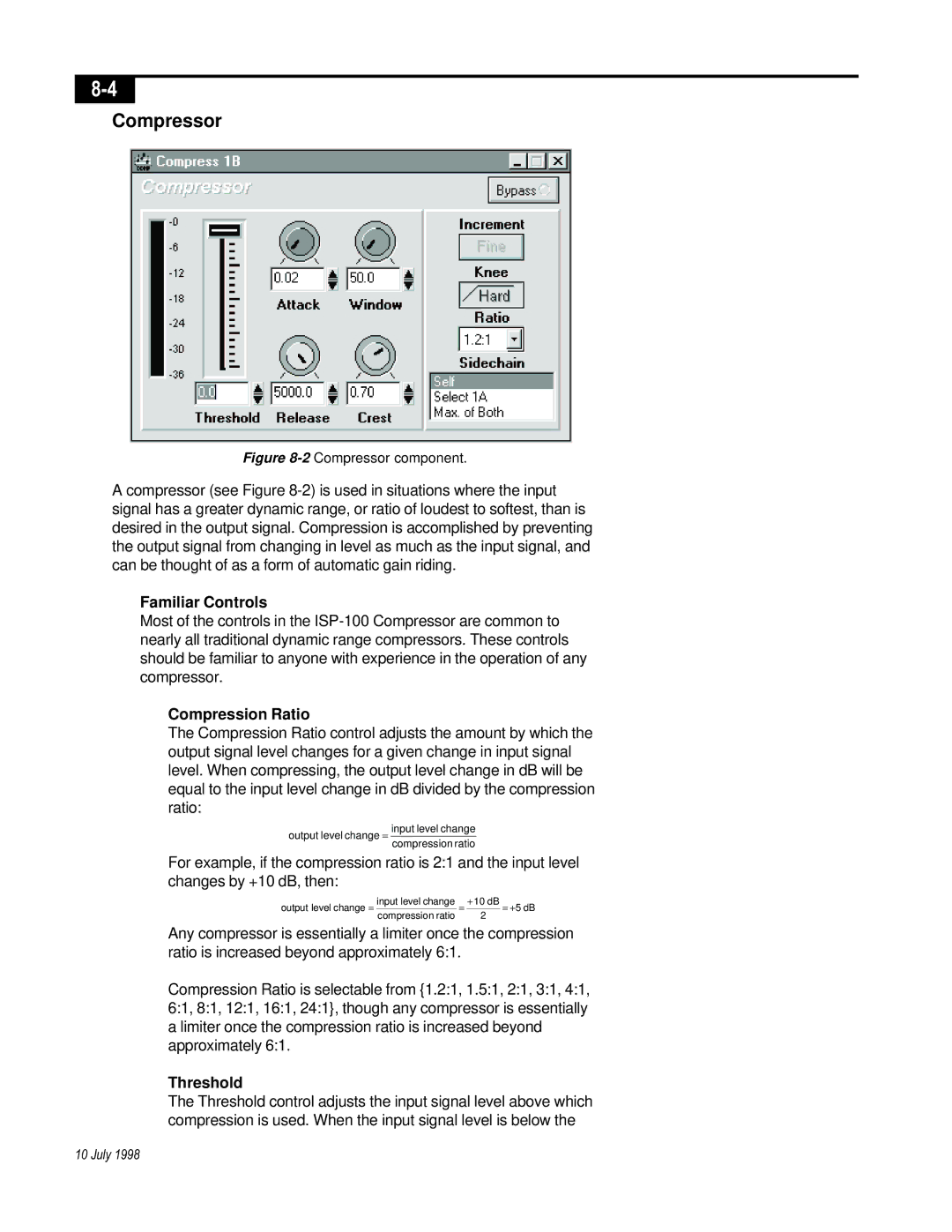 Telex ISP-100 manual Compressor, Familiar Controls, Compression Ratio, Threshold 