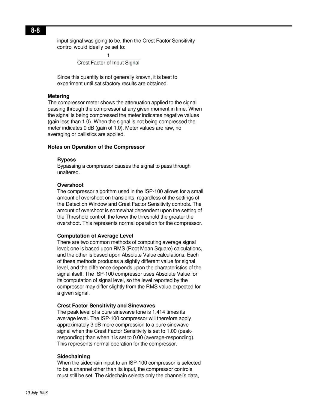 Telex ISP-100 manual Metering, Bypass, Overshoot, Computation of Average Level, Crest Factor Sensitivity and Sinewaves 