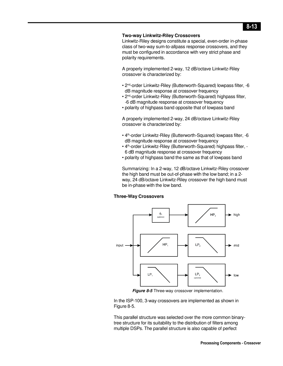 Telex ISP-100 manual Two-way Linkwitz-Riley Crossovers, Three-Way Crossovers 