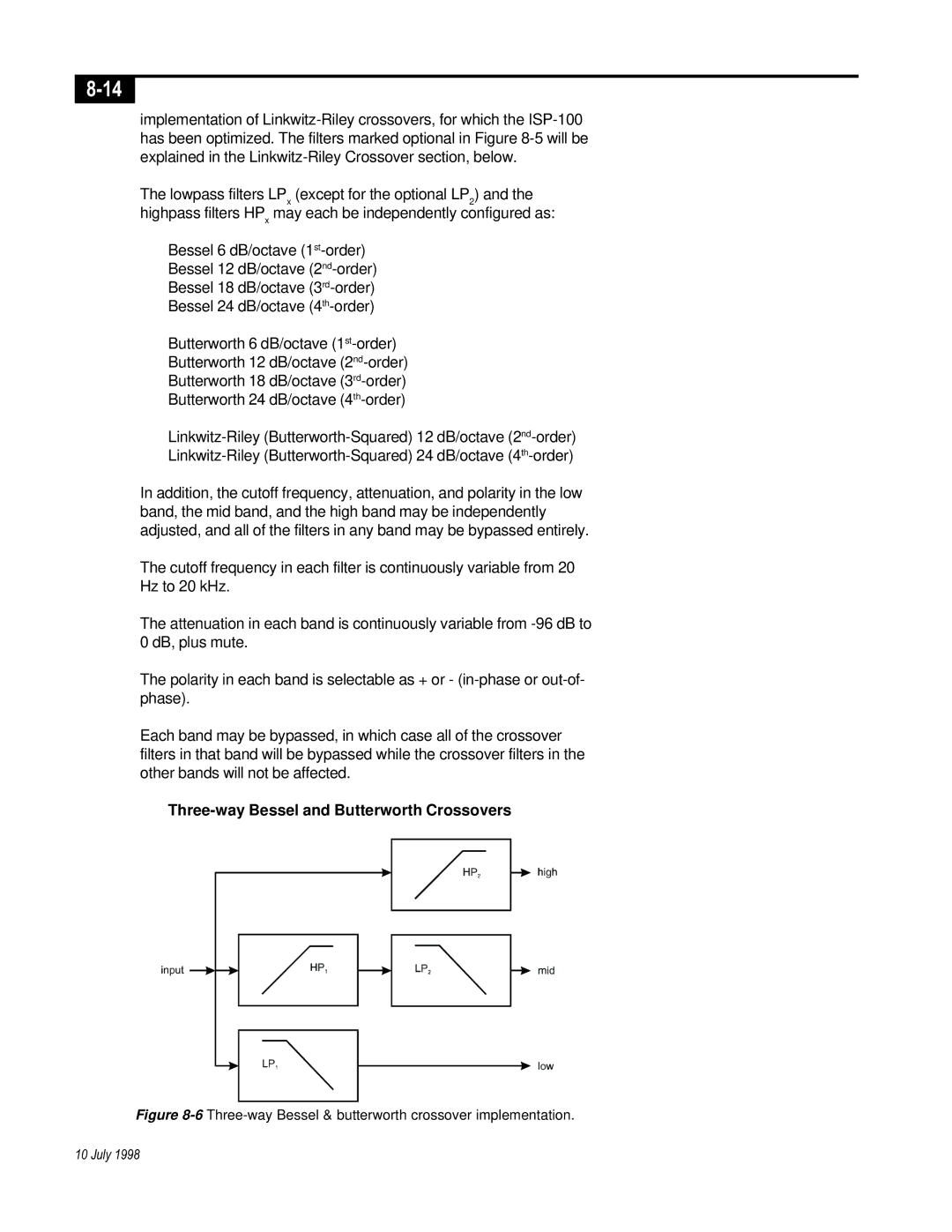 Telex ISP-100 manual Three-way Bessel and Butterworth Crossovers 