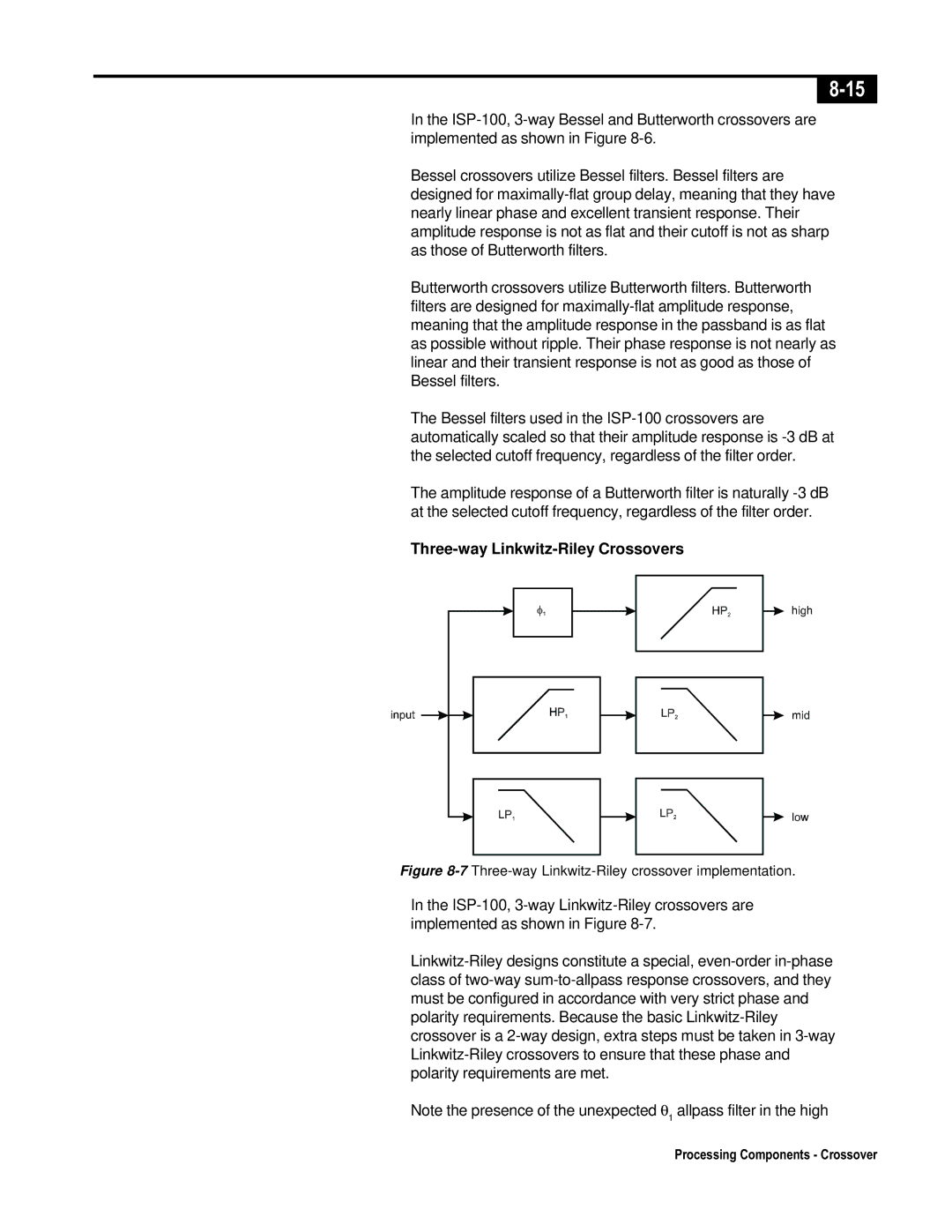 Telex ISP-100 manual Three-way Linkwitz-Riley Crossovers, 7Three-way Linkwitz-Riley crossover implementation 