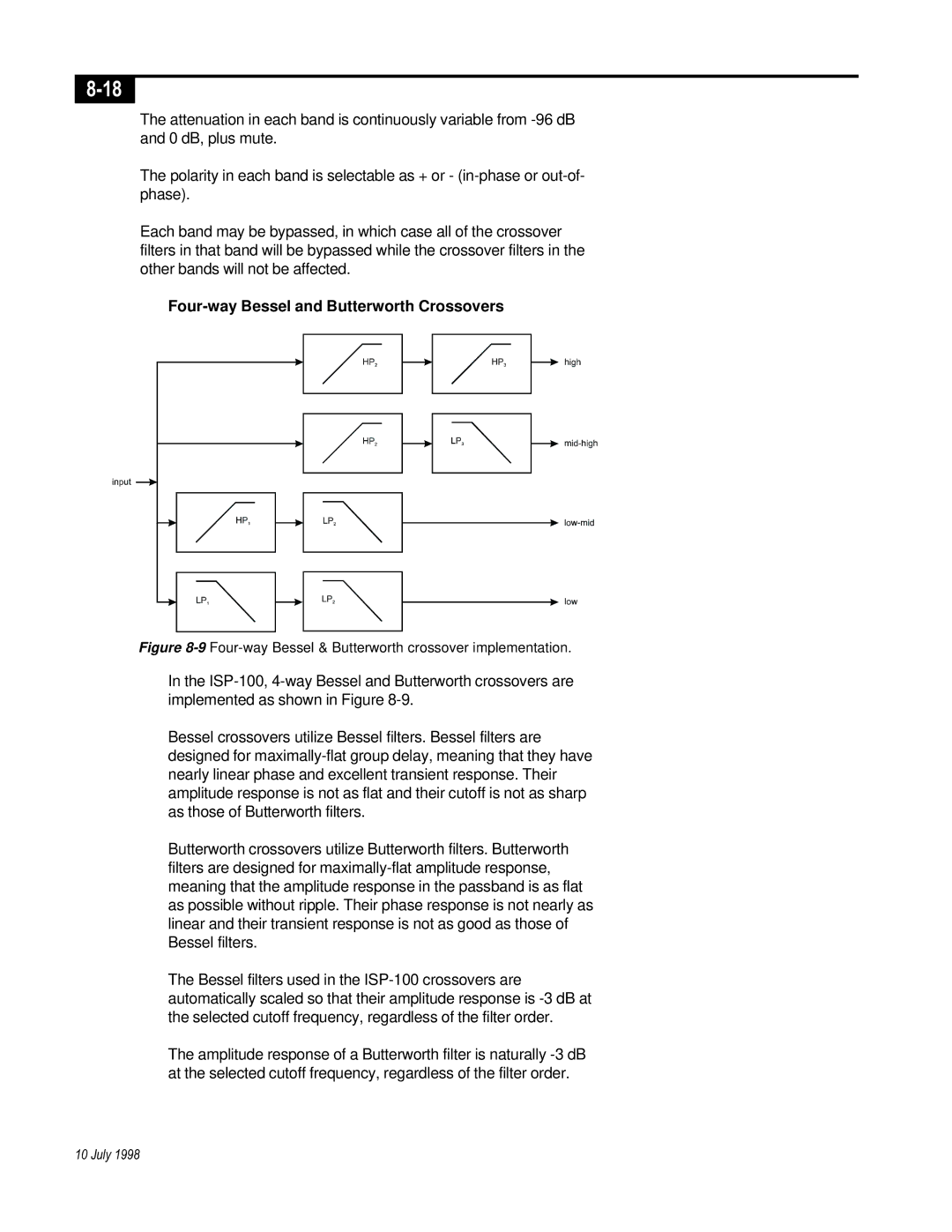 Telex ISP-100 manual Four-way Bessel and Butterworth Crossovers, 9Four-way Bessel & Butterworth crossover implementation 