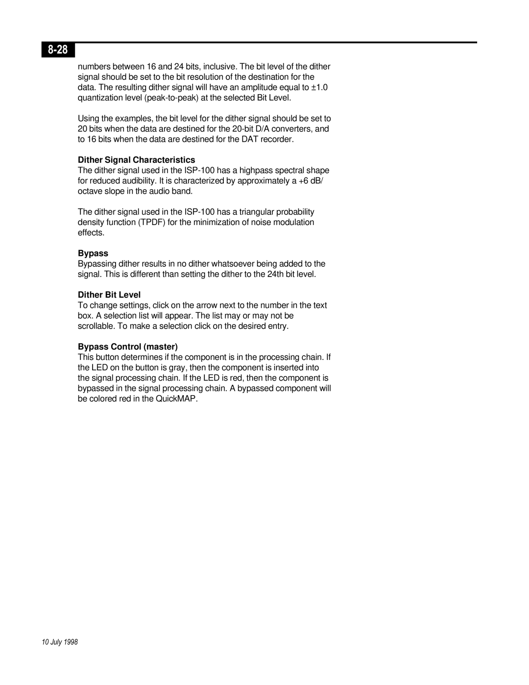 Telex ISP-100 manual Dither Signal Characteristics, Dither Bit Level 