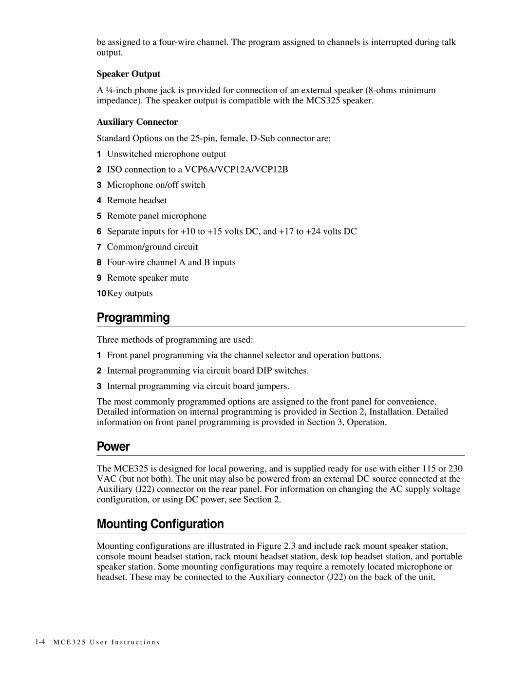 Telex MCE325 manual Programming, Power, Mounting Configuration 