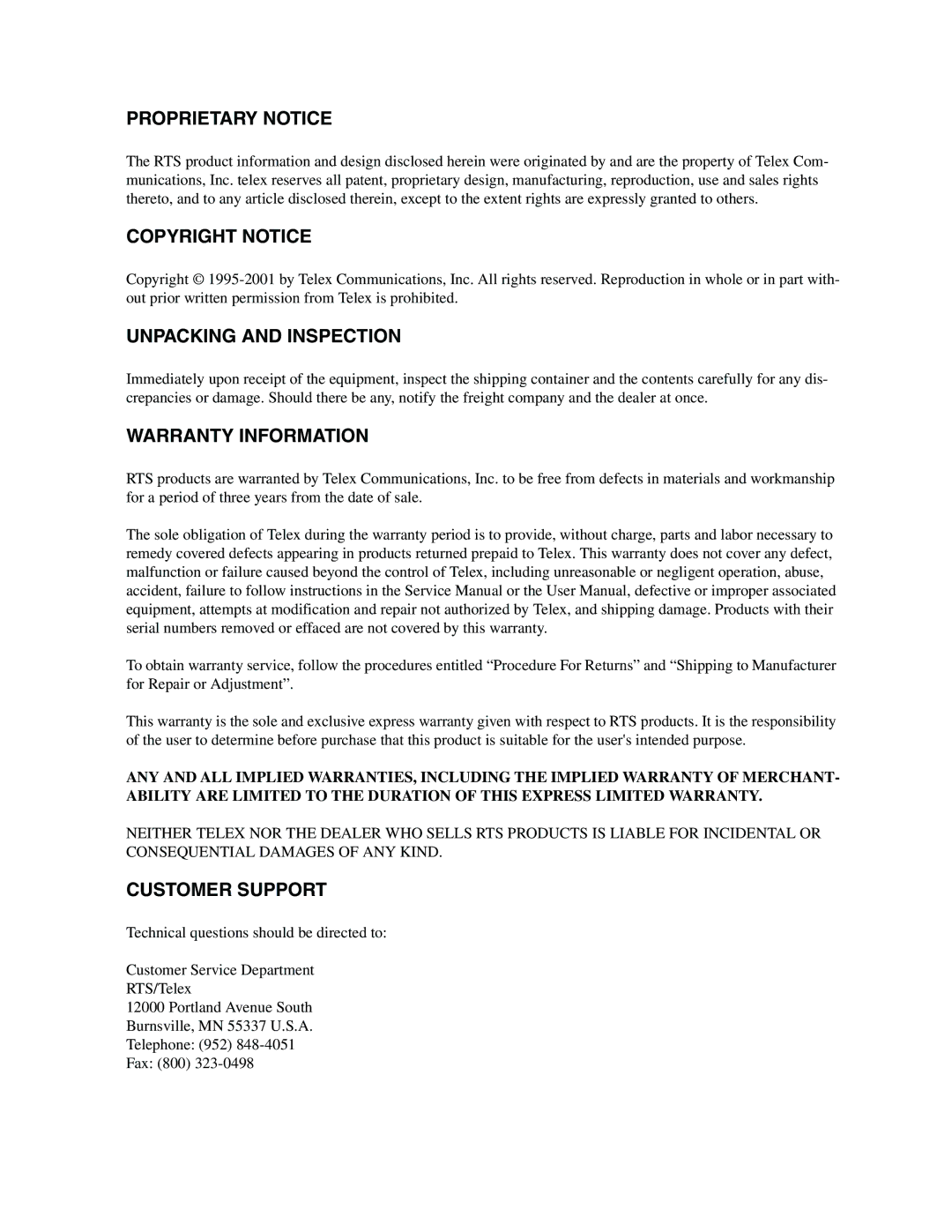 Telex MCE325 manual Proprietary Notice 