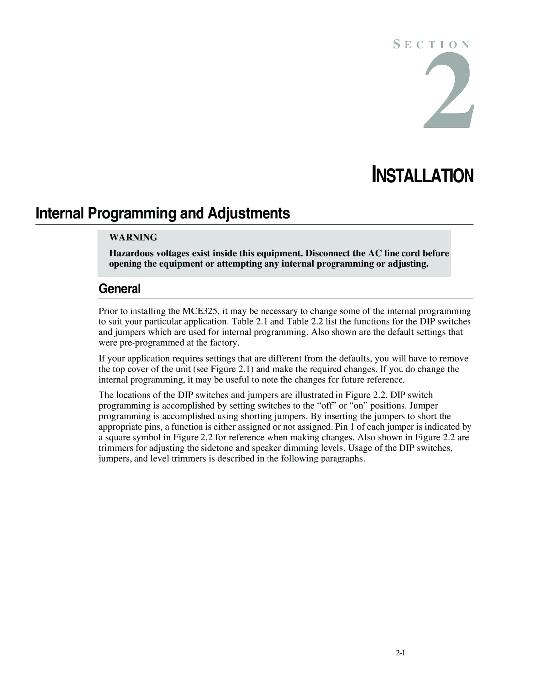 Telex MCE325 manual Installation, Internal Programming and Adjustments 